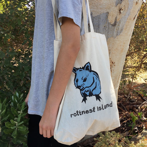 Kids Quokka in blue on calico tote bag