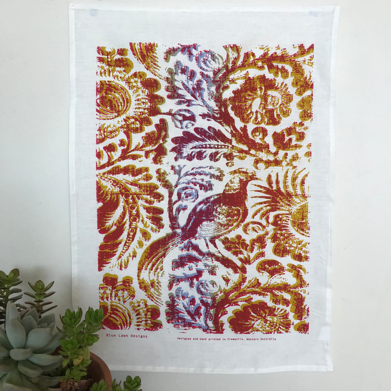 Pheasant tea towel: recreation of a wood-block print