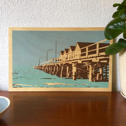 Photo of Busselton Jetty Geographe Bay Western Australia, screenprinted on plywood.