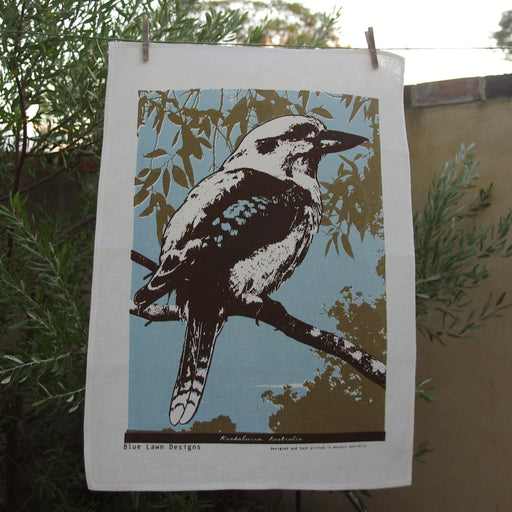 Photo of a Blue-winged Kookaburra screenprinted on a tea towel.