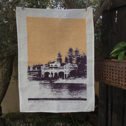 Photo of Cottesloe Beach screenprinted on a tea towel.