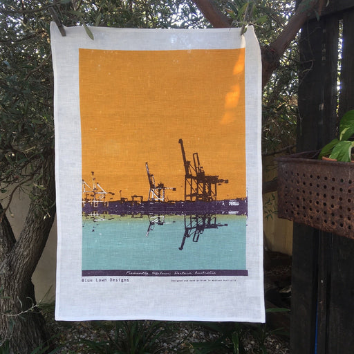 Photo of Fremantle Harbour screenprinted on a tea towel.