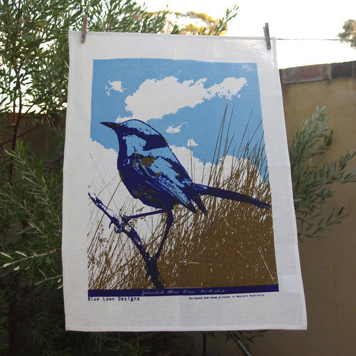 Photo of a Splendid Blue Fairywren screenprinted on a tea towel.