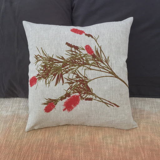 Photograph of Bottlebrush screenprinted on a linen tea towel.