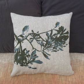 Photograph of a banksia branch screenprinted on a cushion cover. 