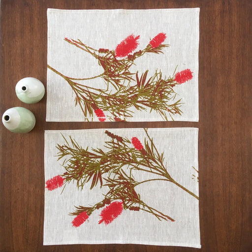 Photograph of Bottlebrush screenprinted on a linen placemats.