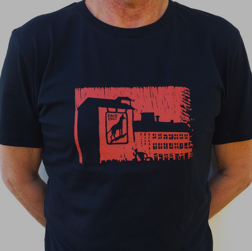Photograph of screenprinted t-shirt depicting the Dingo Flour mill, Fremantle.
