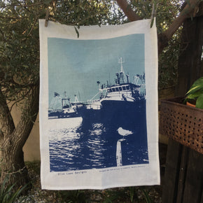 Photo of fishing boats at Fremantle, screenprinted on a linen tea towel.