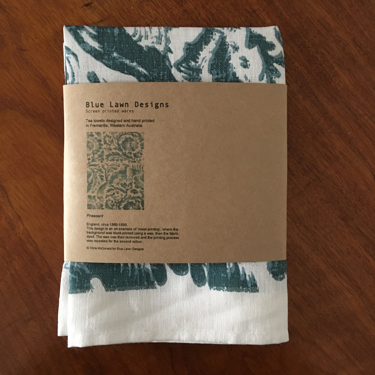 Pheasant tea towel: recreation of a wood-block print