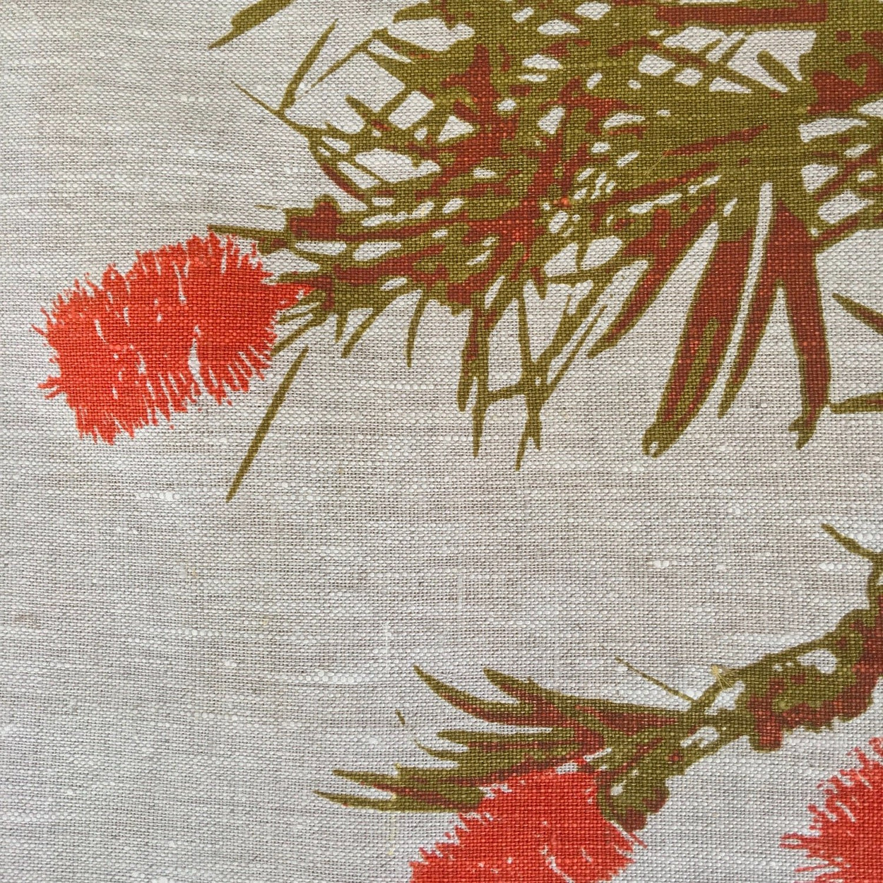 Photo of a Bottlebrush screen printed on a cushion cover in close-up.
