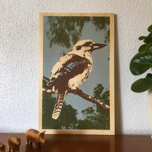 Photo of a Blue-winged Kookaburra screenprinted on plywood.