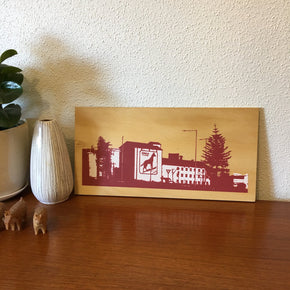 Photo of the Dingo Flour Mill, Fremantle screenprinted on plywood.