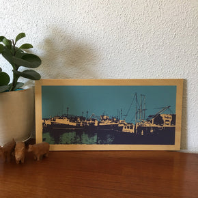 Photo of Fremantle's Fishing Boat Harbour screen printed on plywood.