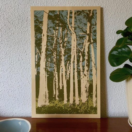 Photo of Western Australian karri trees screenprinted on plywood. 