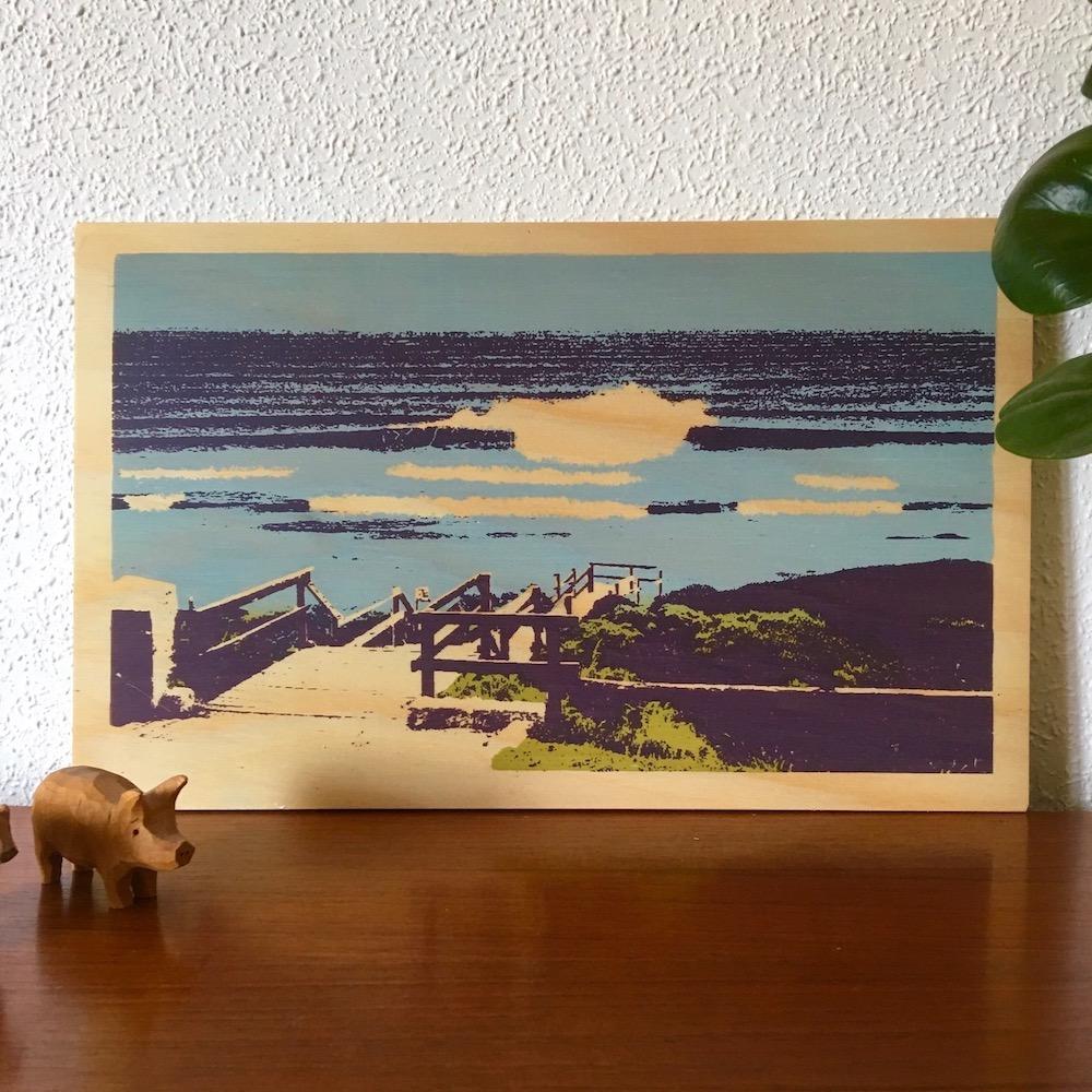 Photo of surf at Margaret River, Western Australia screenprinted on plywood. 