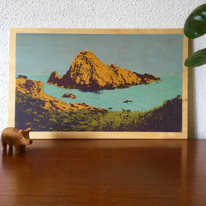 Photo of Sugarloaf Rock at Yallingup, Western Australia screenprinted on plywood. 