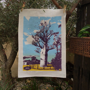 Photo of a Boab tree at Kings Park screenprinted on a tea towel.