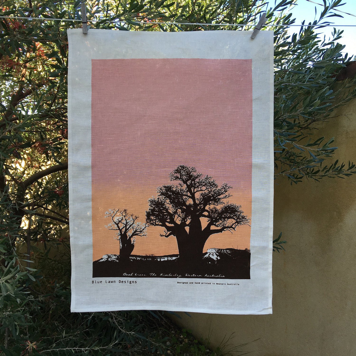 Photo of Boab trees screenprinted on a tea towel.