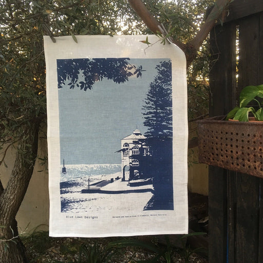 Photo of Cottesloe Beach screenprinted on a tea towel.