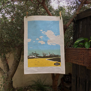 Photo of Leighton beach screen printed on a tea towel.