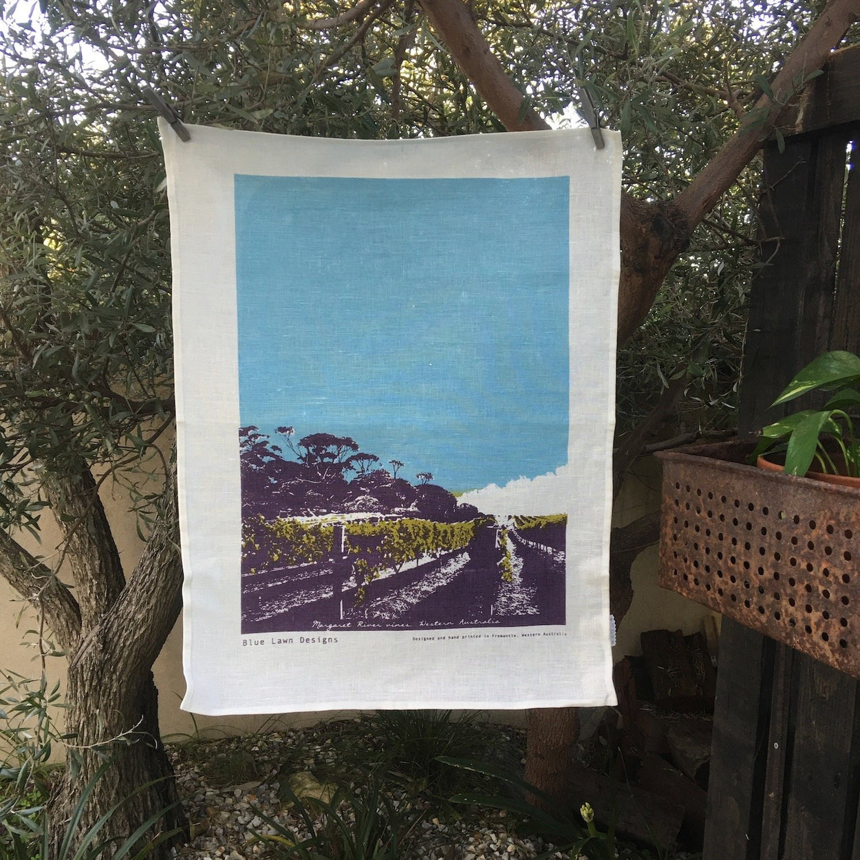 Photo of a Margaret River vineyard screenprinted on a tea towel.
